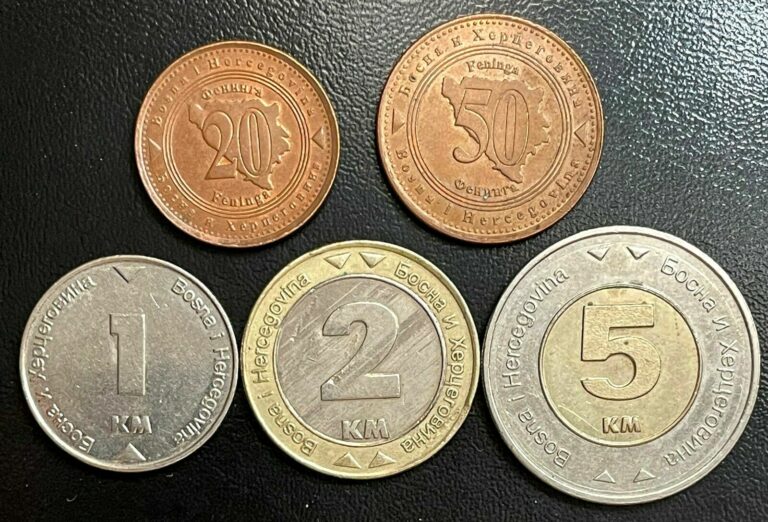 Read more about the article 5 Bosnian Coins: 20  50 Feninga  1  2  5 Konvertibilna Marka. 1998-2009