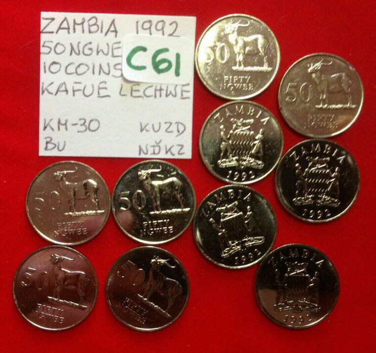 Read more about the article C61 Zambia; 10 Coins Lot from Mint Bag – 50 Ngwee 1992  Kafue Lechwe  KM#30  BU