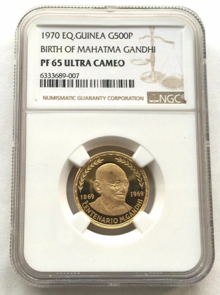 Read more about the article Equatorial Guinea 1970 Gandhi 500 Pesetas NGC PF65 Gold Coin