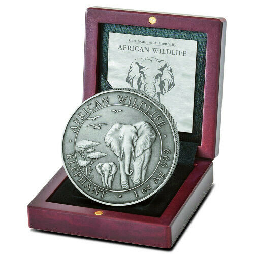 Read more about the article 2015 Antique Somalia Elephant 1 oz Silver Coin w/ box and COA – Mintage 3 000