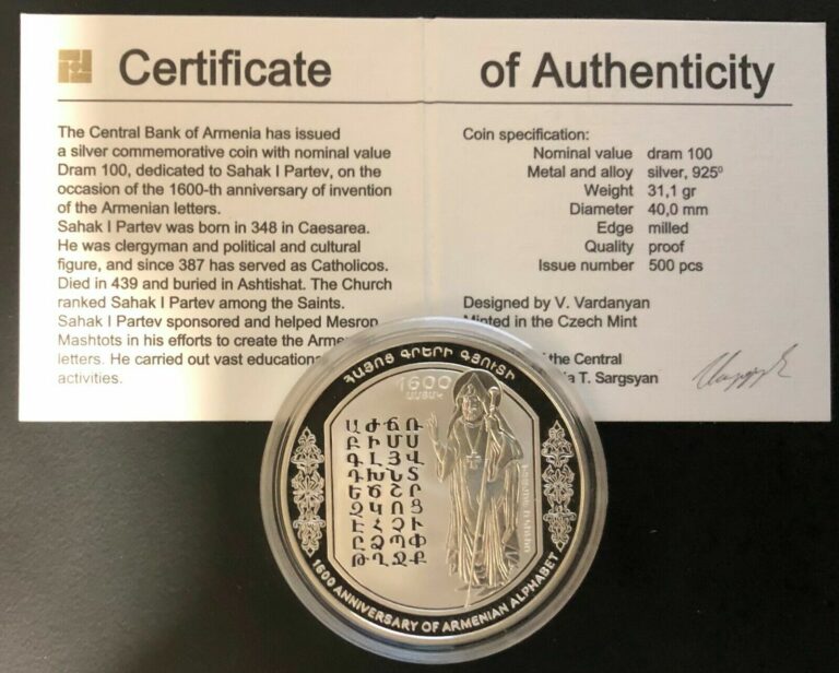 Read more about the article Armenia Silver Coin 100 Dram 2005 Armenian Alphabet+Certifikate