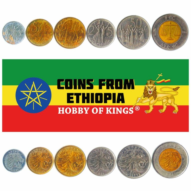 Read more about the article Set 6 Coins Ethiopia 1 5 10 25 50 Santeem 1 Birr 1977 – 2016