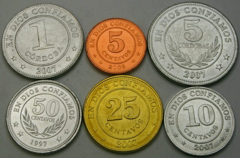 Read more about the article NICARAGUA 5 Centavos / 5 Cordobas 1997/2007  – Lot of 6 Coins – UNC *