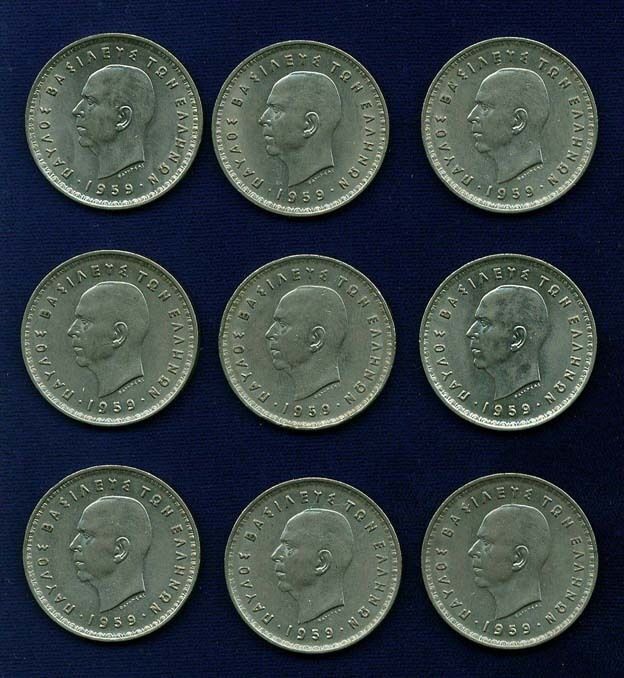 Read more about the article GREECE  KINGDOM  1959  10 DRACHMAI  COINS  XF to ALMOST UNCIRCULATED   LOT OF 9