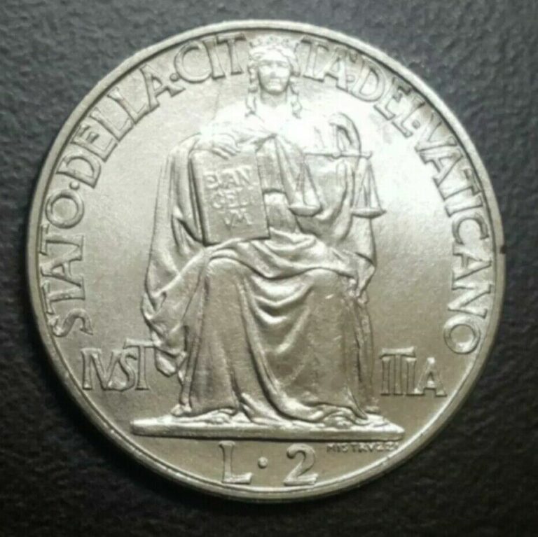 Read more about the article 1942 VATICAN CITY 2 LIRE UNC COIN PIUS XII SEATED JUSTICE WORLD WAR II ERA