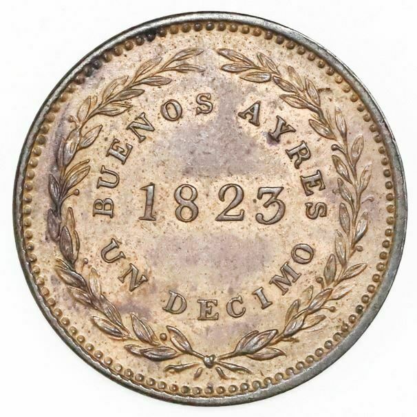 Read more about the article Buenos Aires  Argentina  copper 1 decimo  1823.	 KM-1. 6.66 grams. Red-