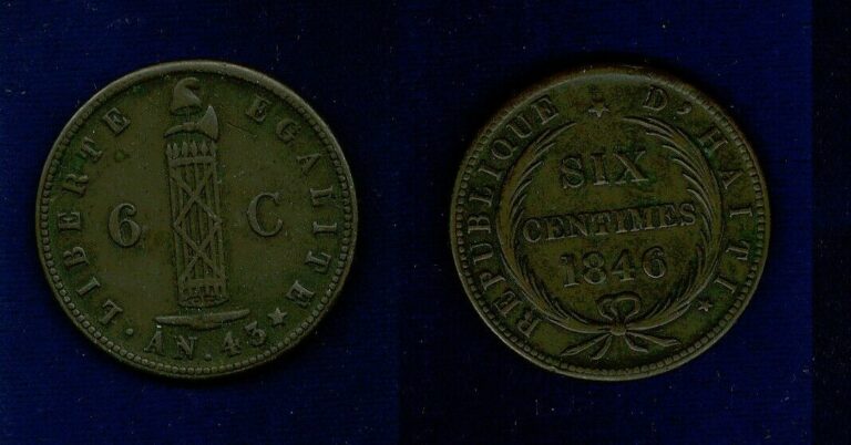 Read more about the article HAITI  REPUBLIC  AN. 43 (1846)  6 CENTIMES  COPPER COIN   XF++