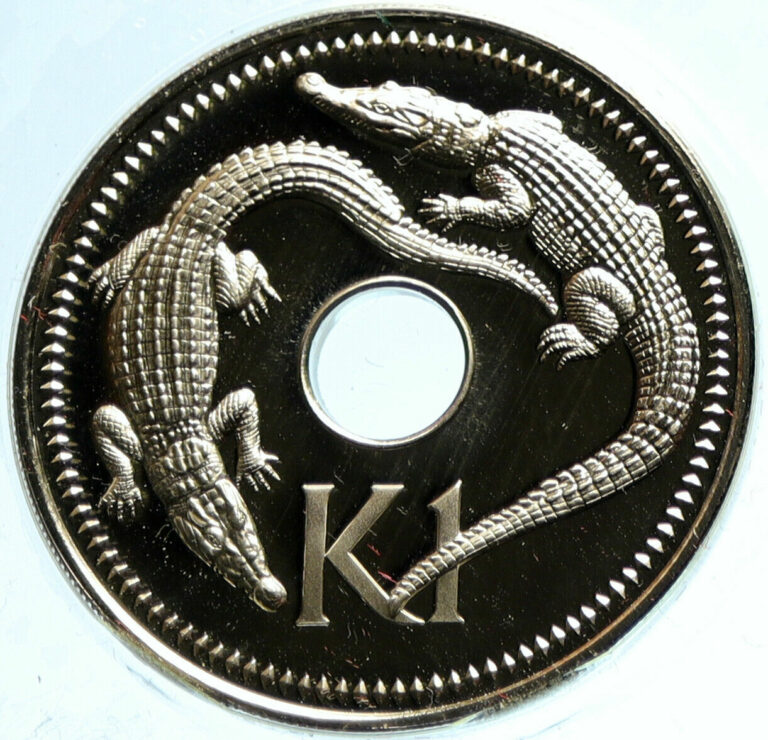 Read more about the article 1975 PAPUA NEW GUINEA w CROCODILES around HOLE Old Bank Proof Kina Coin i103587