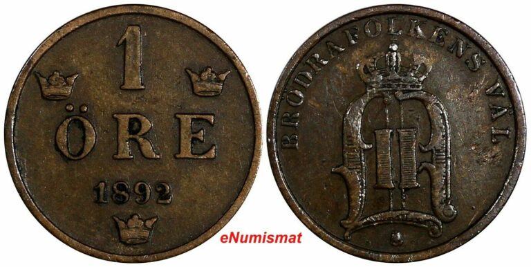 Read more about the article SWEDEN Oscar II Bronze 1892 1 Ore Low Mintage-280 000 RARE DATE KM# 750