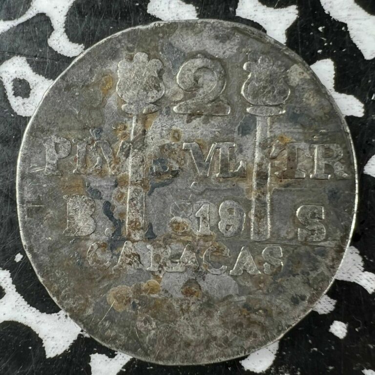 Read more about the article 1819 Venezuela Caracas 2 Reales Lot#JM3572 Silver!