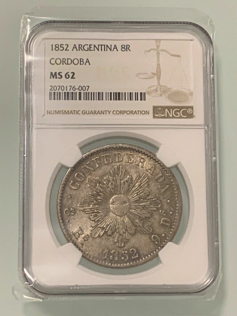 Read more about the article 1852 Argentina 8 Reales Cordoba NGC MS 62 Silver Coin