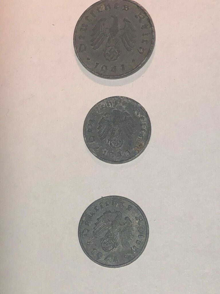 Read more about the article 3 VINTAGE GERMAN COINS GERMANY NAZI 10 REICHSPFENNIG AND TWO 1 REICHSPFENNIG 