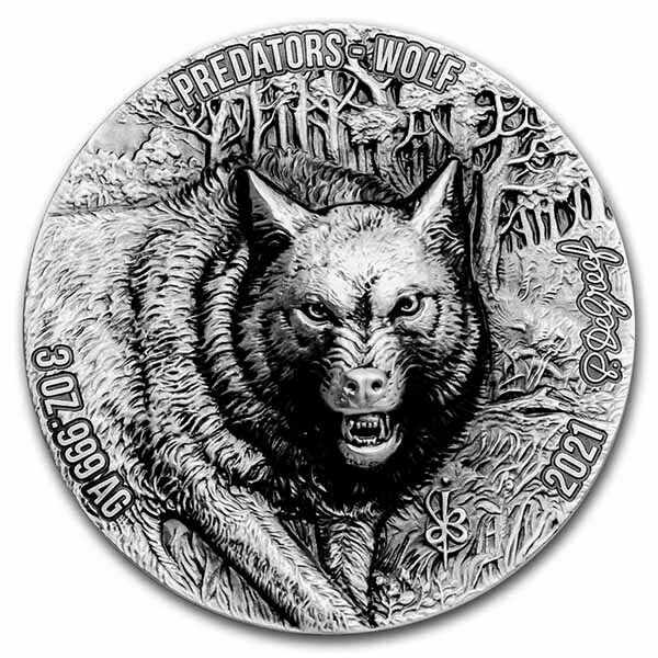 Read more about the article 2021 Ivory Coast 3 oz Antique Silver Predators; Wolf – SKU#237619