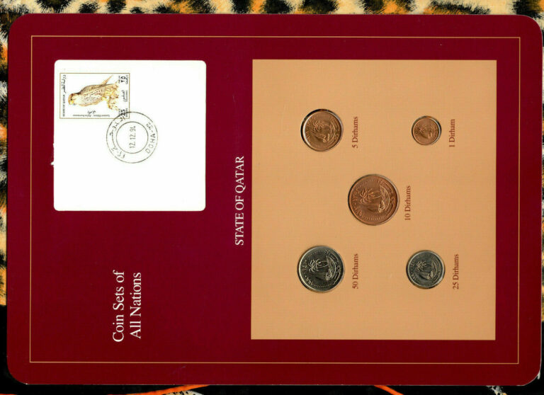 Read more about the article Coin Sets of All Nations Qatar 1973-1990 UNC 25 50 Dirhams 1990 Falcon stamp