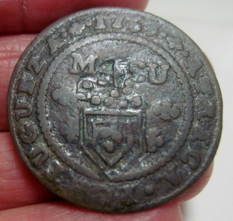 Read more about the article (1763) ANGOLA-PORTUGAL (COLONY) 1/4 MACUTA w/ COUNTERMARK -CROWNED ARMS -nice-
