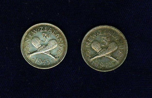 Read more about the article NEW ZEALAND GEORGE VI  1942 and 1943 3 PENCE SILVER COINS  ALMOST UNCIRCULATED++