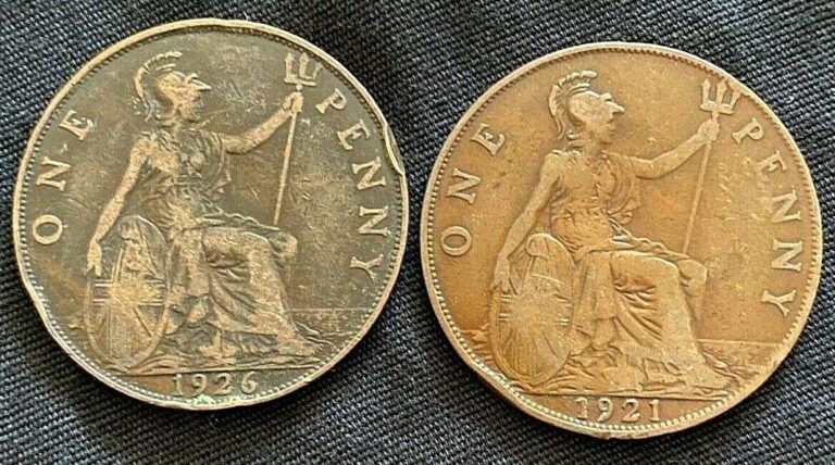 Read more about the article (2) United Kingdom ‘1 Penny’ OLD 1921 and 1926 BRONZE Great Britain Coins