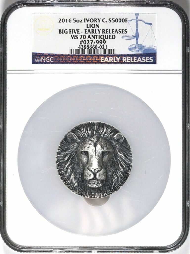 Read more about the article 2016 Ivory Coast Lion Silver 5-Ounce Coin Limited S5000F – NGC MS70 Antiqued –