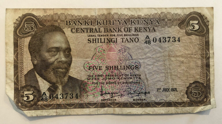 Read more about the article 1971 KENYA 5 SHILLING BANK NOTE 1st PRESIDENT OF KENYA MZEE JOMO KENYATTA GD CND