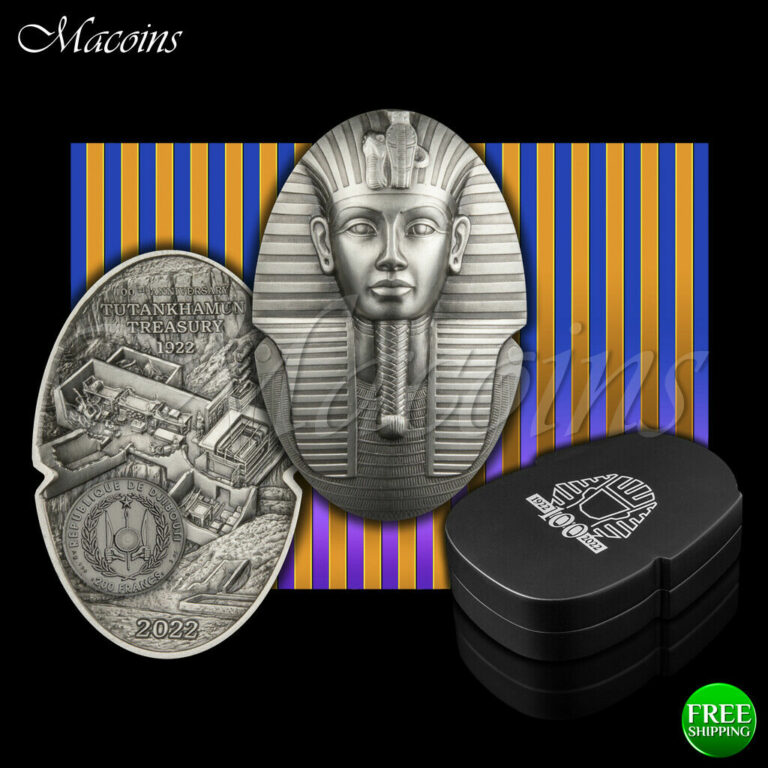 Read more about the article MASK OF TUTANKHAMUN 2022 DJIBOUTI 3 OZ 999 SILVER ANTIQUED COIN