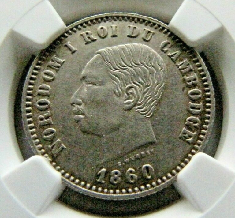 Read more about the article Cambodia KM-X6 Silver 1 Franc 1860 original issue  NGC AU 58