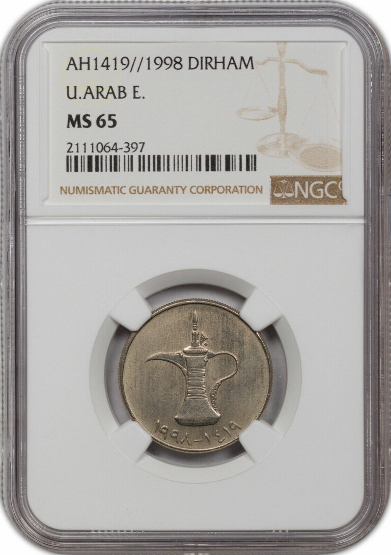 Read more about the article AH1419// 1998 1 DIRHAM UNITED ARAB EMIRATES NGC MS 65 ONLY 9 GRADED HIGHER..