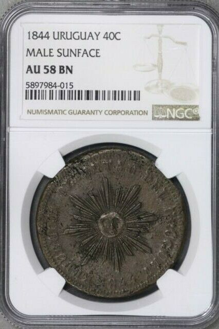 Read more about the article Uruguay 1844 40 Centesimos Male Sunface NGC AU 58 BN  S723