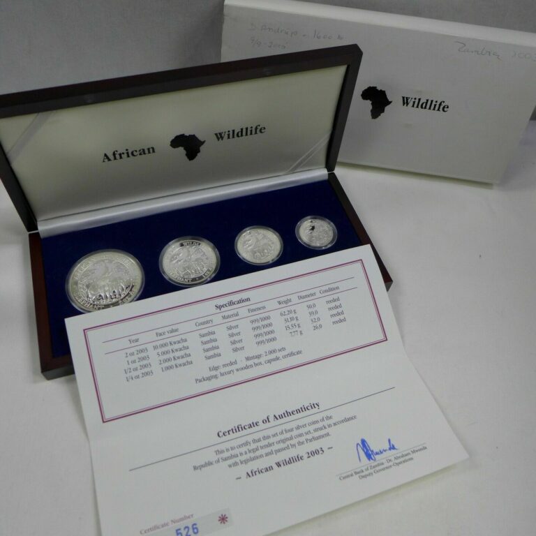 Read more about the article Zambia 2003 1oz silver – African Wildlife Elephant 4 Coin Silver Proof Set #526