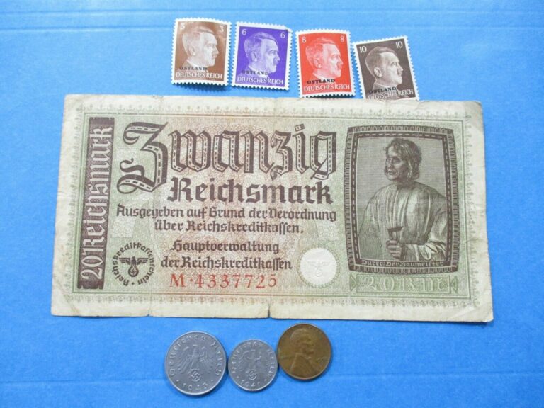 Read more about the article WW2 German 20 Reichsmark Elite Swastika Stamps Coins Bill Zinc Money OSTLAND