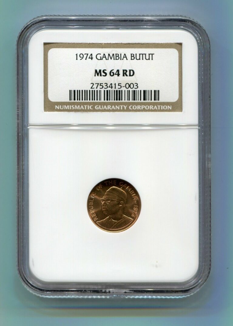 Read more about the article 1974 Gambia Butut MS 64 RD Rainbow Toned NGC Certified Coin