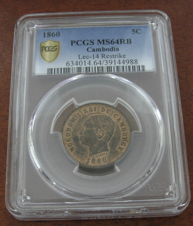 Read more about the article Cambodia 1860 Bronze 5 Centimes PCGS MS64RB Restrike