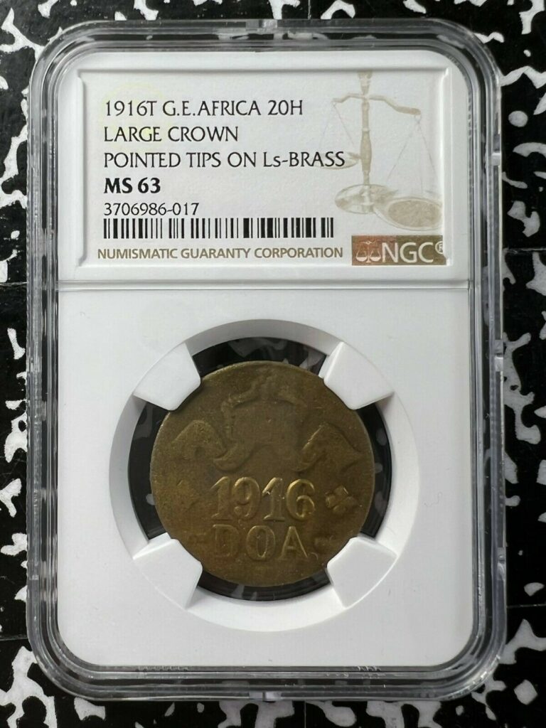 Read more about the article 1916-T German East Africa 20 Heller Large Crown NGC MS63 Lot#G1829 Choice UNC!