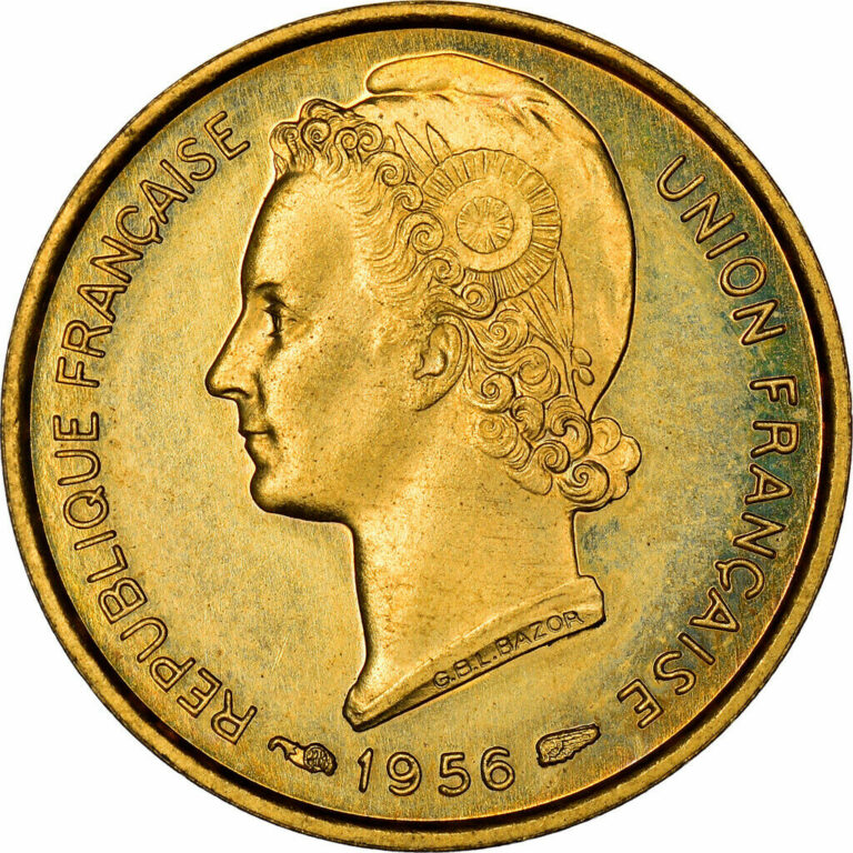 Read more about the article [#908614] Coin  Togo  5 Francs  1956  Paris  MS(63)  Aluminum-Bronze  KM:E6