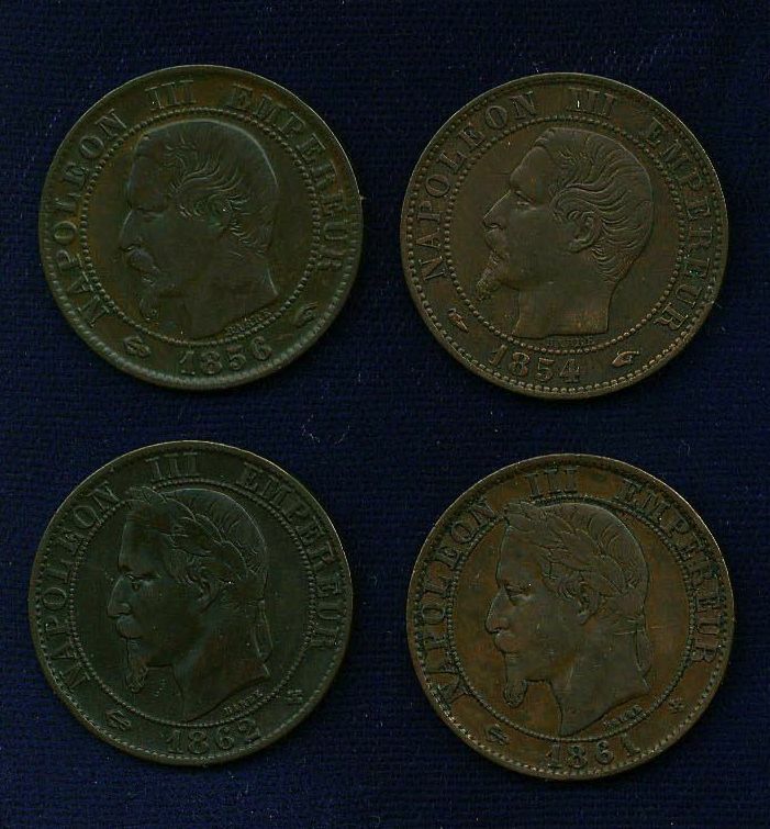 Read more about the article FRANCE 5 CENTIMES COINS:1854-A  1856-A  1861-BB  1862-BB  LOT OF (4) COINS