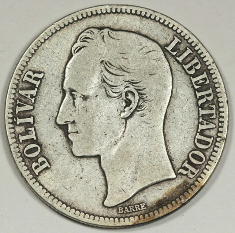 Read more about the article Venezuela 1921 25 Gram Silver 5 Bolivares Coin Fine Y# 24.2 Crown Size