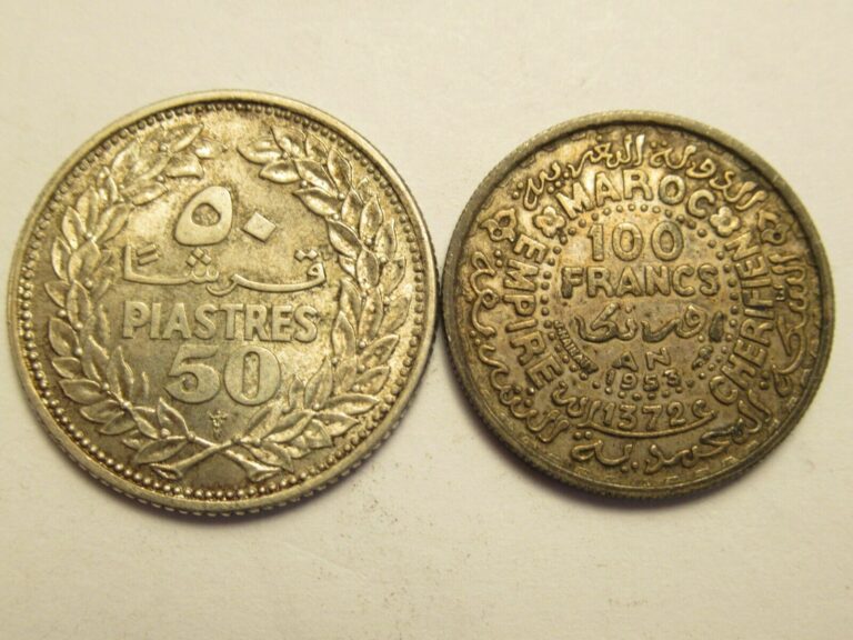 Read more about the article TWO foreign silver coins  1952 Lebanon 50 Piastres  1953 Morocco 100 Francs