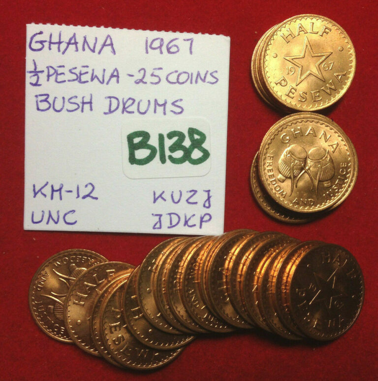 Read more about the article B138 Ghana; 25 Coins Lot from Mint Bag – 1/2 Pesewa 1967 Bush Drums   KM#12 UNC