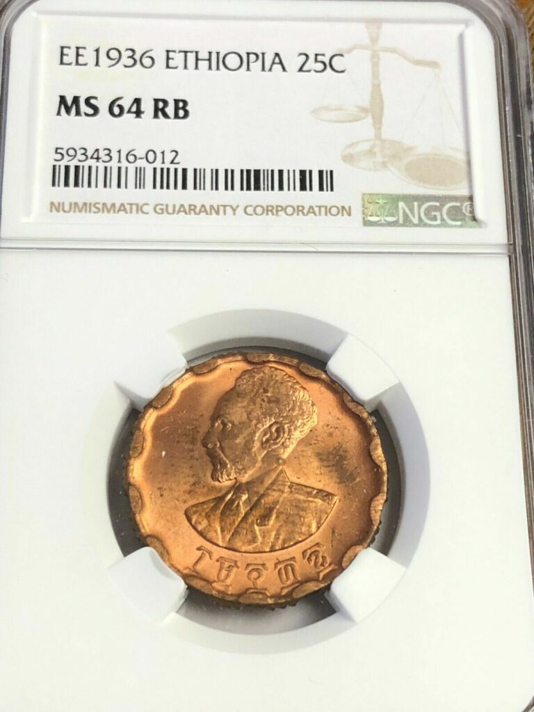 Read more about the article 1936 (1944) ETHIOPIA 25 CENTS  Haile Selassie  NGC MS-64 RB