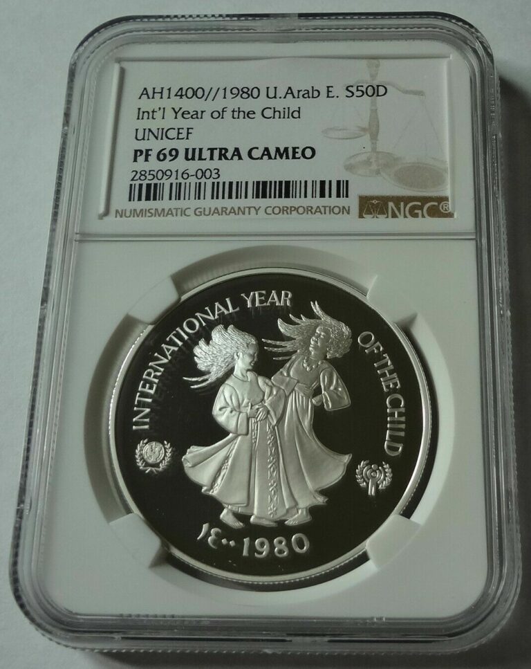 Read more about the article 1980 UNITED ARAB EMIRATES YEAR OF CHILD SILVER PROOF 50 DIRHAMS NGC PF69 UC