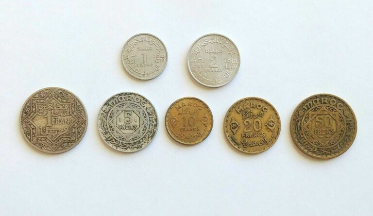 Read more about the article Morocco 7 coin set:1  2  5  10  20  50 Francs  from the 1950’s  Circulated.