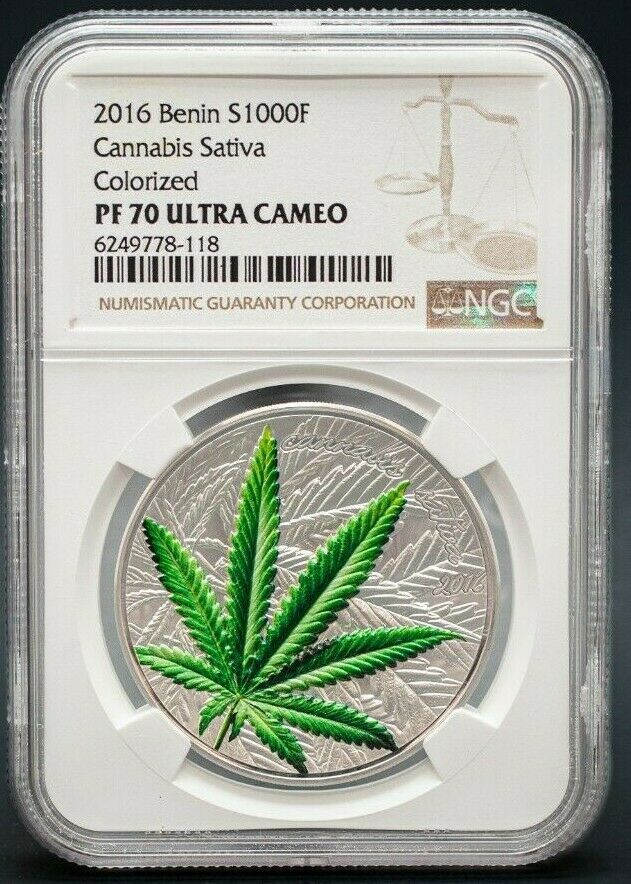 Read more about the article 2016 Benin 1000 Francs Cannabis Sativa Colorized NGC PF70 Ultra Cameo w/OGPandCOA