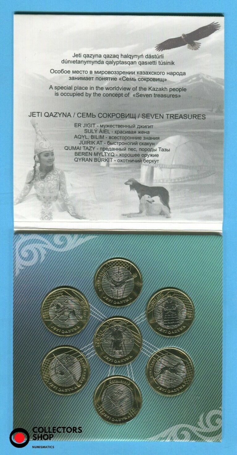 Read more about the article KAZAKHSTAN: 7 coins set bi-metall JETI QAZYNA 100 tenge 2020 UNC Folder booklet