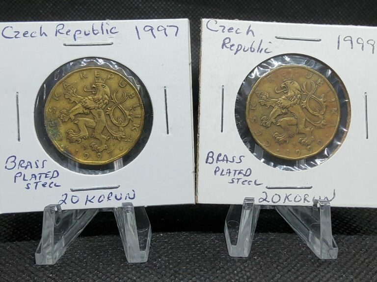 Read more about the article Coin Czech Republic 20 Korun Coins 1997 and 1999 Brass Plated 8.4g~KM#5  couple