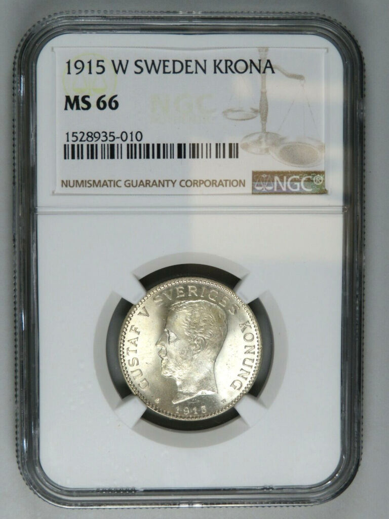 Read more about the article 1915 W Sweden Silver Krona NGC MS66 1.9.1.5 High Grade!!!