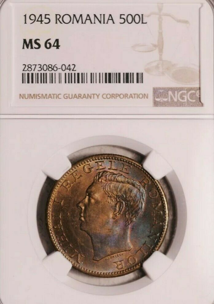 Read more about the article 1945 Romania 500 LEI Toned.  NGC MS 64