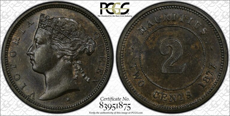 Read more about the article Mauritius 2 Cents 1877 H MS62 BN PCGS bronze KM#8 VERY SCARCE