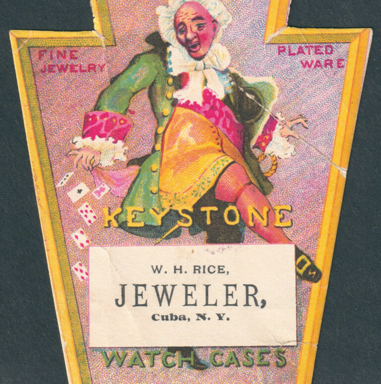 Read more about the article Cuba NY 1800’s WH Rice Jewelry Store Keystone Watch Gambler Magician Trade Card