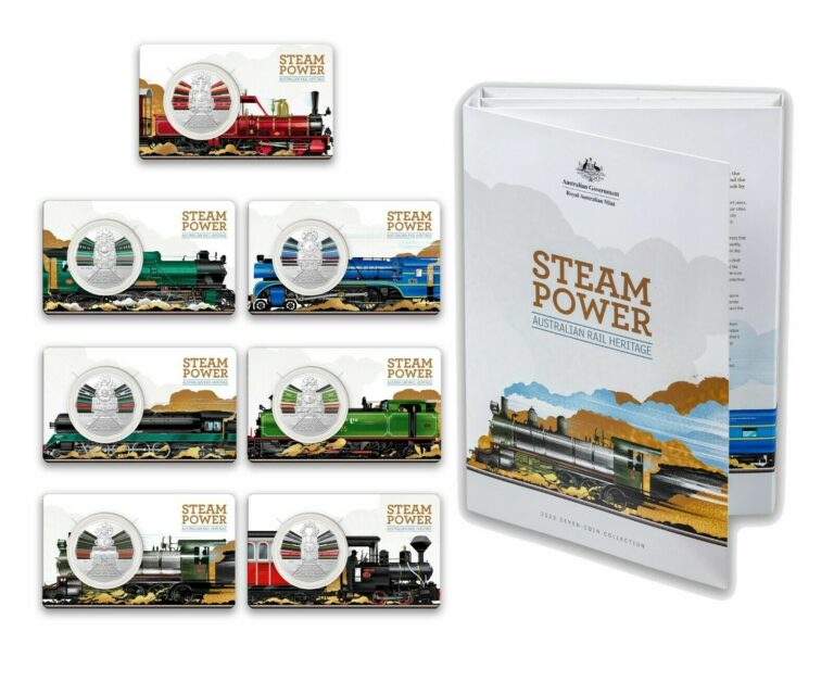 Read more about the article Australia 2022 Steam Trains Complete Set of 7 50c Coloured UNC Coins in Folder