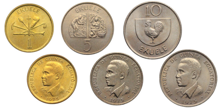 Read more about the article EQUATORIAL GUINEA 3 COINS SET 1 – 5 – 10 EKUELE KM 32 – 33 – 34 YEAR 1975 UNC