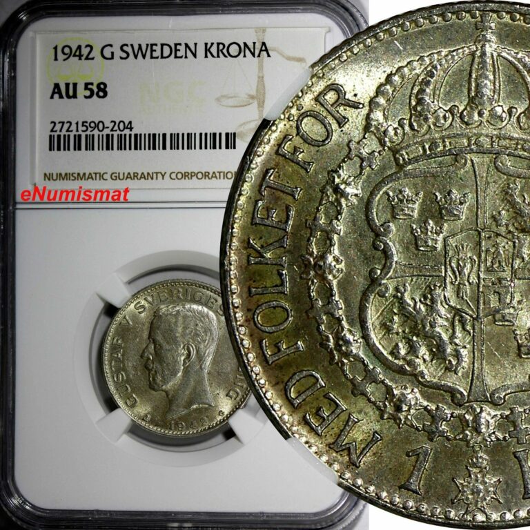 Read more about the article SWEDEN Gustaf V Silver 1942 G 1 Krona NGC AU58 KEY DATE RARE  KM# 786.2